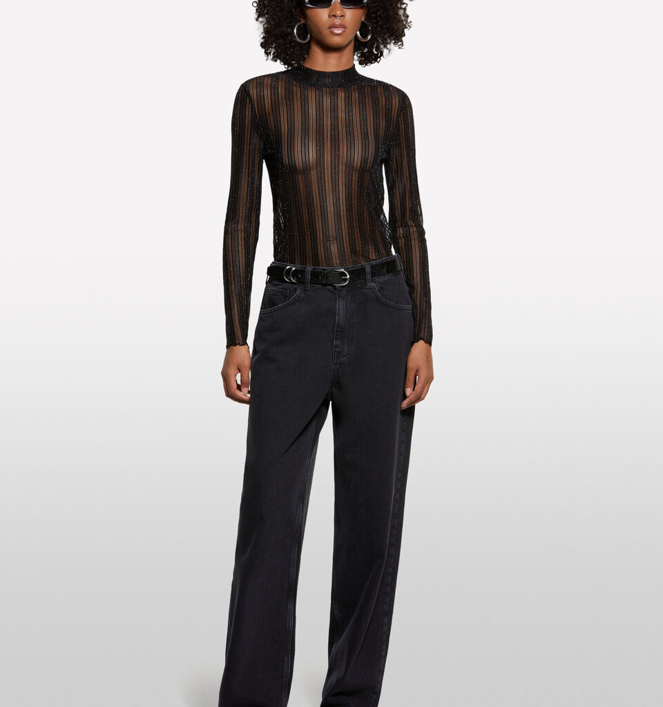 Schwarzes transparentes T-Shirt - langärmeliges t-shirt für damen - Schwarz | Sisley image number 1